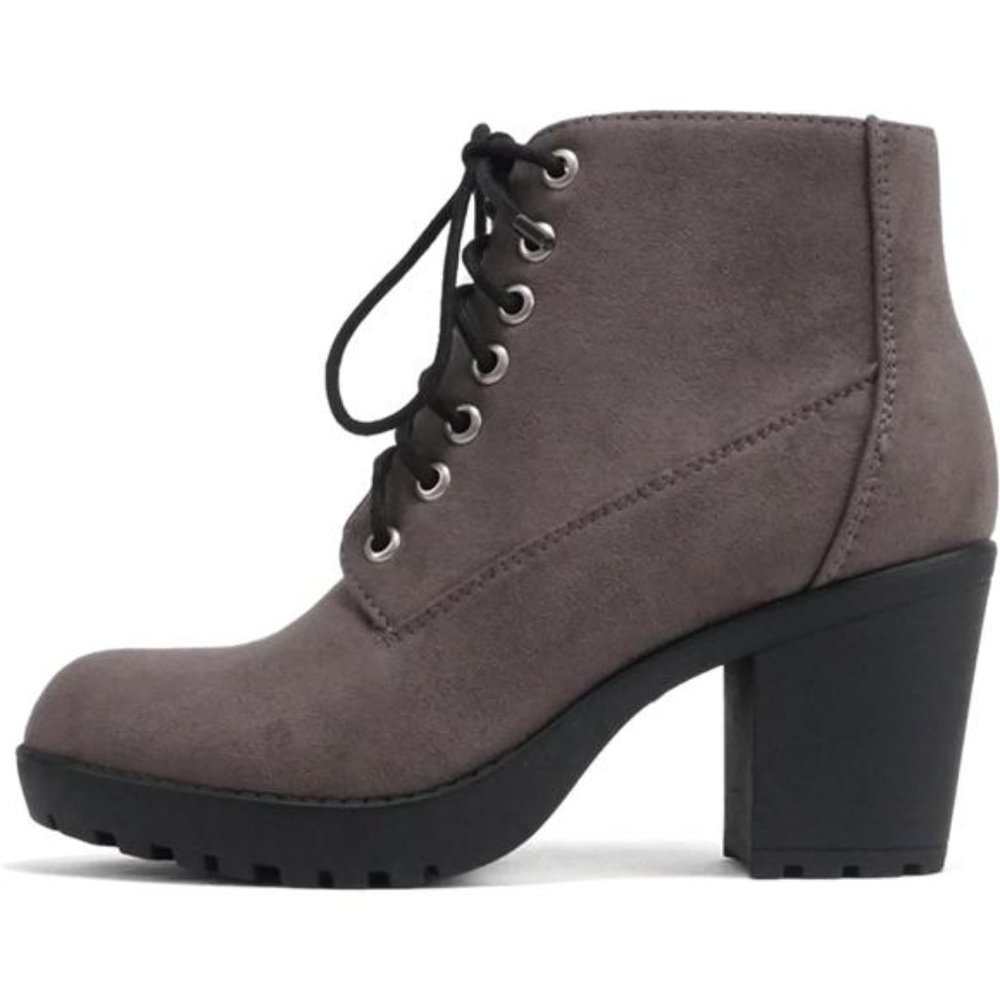 Women's Second Lug Sole Chunky Heel Combat Ankle Bootie Lace up w/Side Zipper